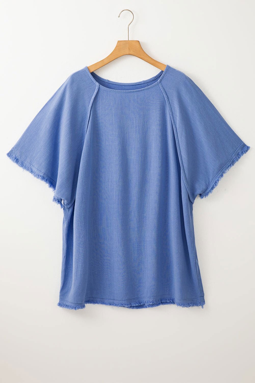 Ashleigh Blue Solid Color Frill Short Sleeve Frayed Hem Plus Top - Vesteeto