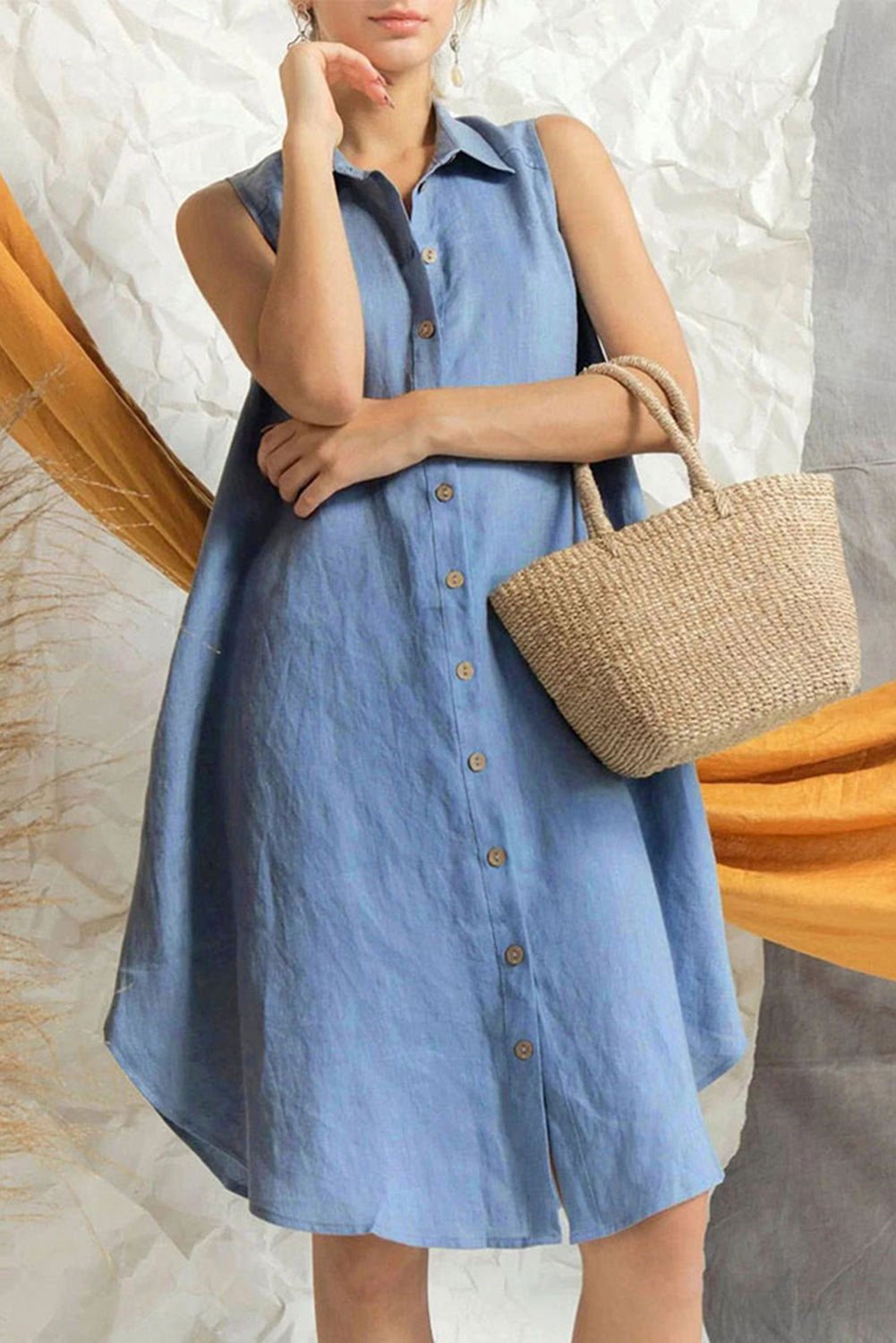 Ashleigh Blue Solid Color Loose Sleeveless Shirt Dress - Vesteeto