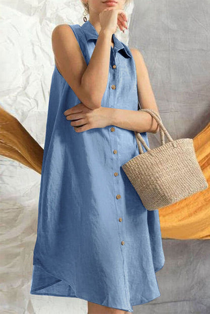 Ashleigh Blue Solid Color Loose Sleeveless Shirt Dress - Vesteeto