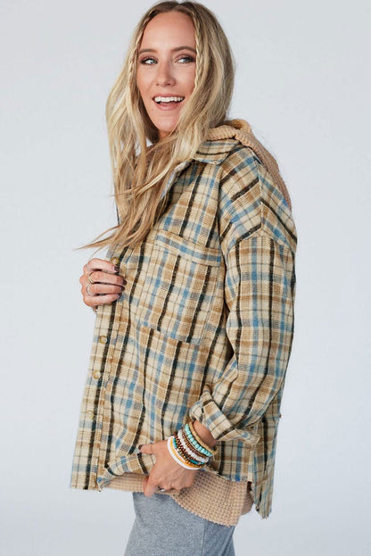 Ashleigh Blue Waffle Knit Patchwork Plaid Hooded Shacket - Vesteeto