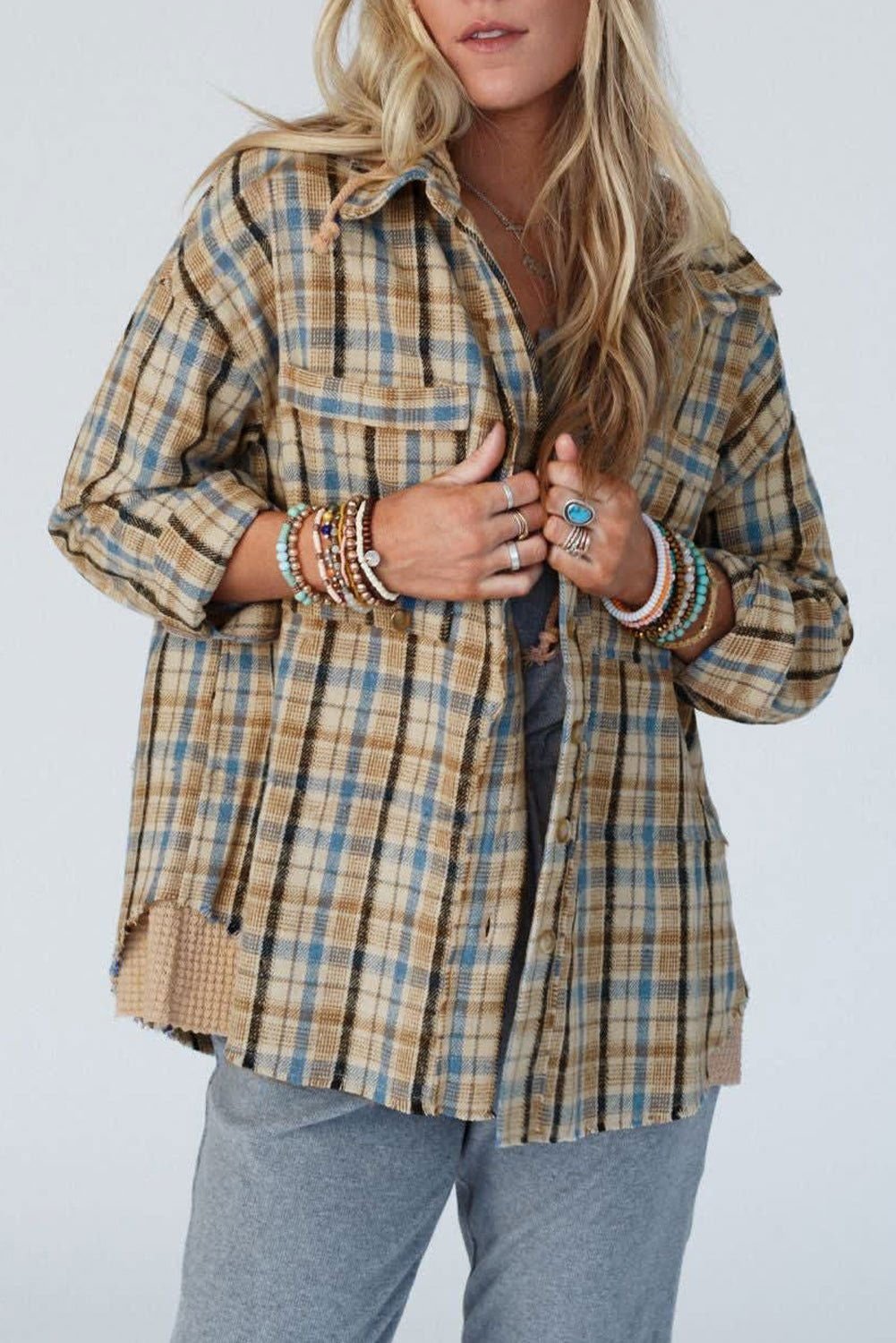 Ashleigh Blue Waffle Knit Patchwork Plaid Hooded Shacket - Vesteeto