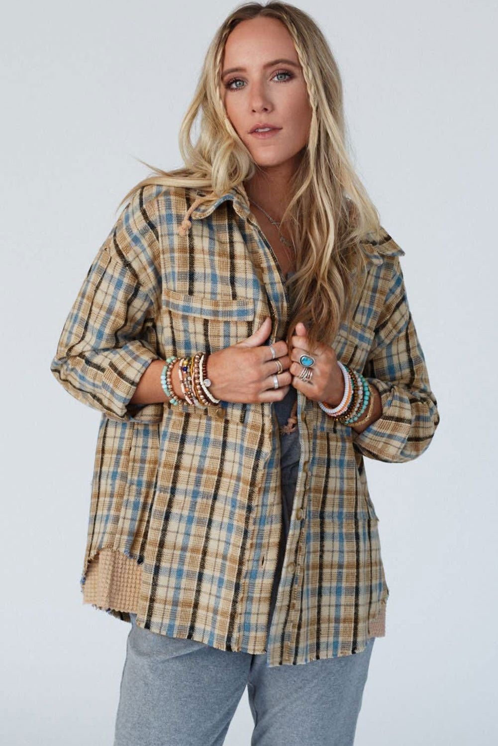 Ashleigh Blue Waffle Knit Patchwork Plaid Hooded Shacket - Vesteeto