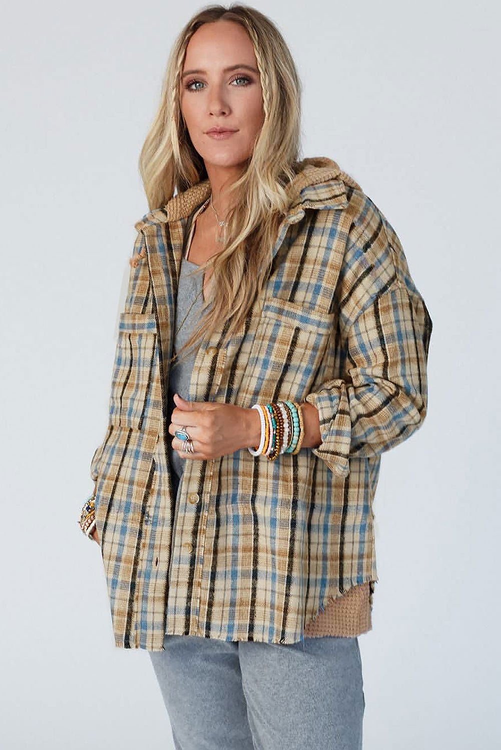 Ashleigh Blue Waffle Knit Patchwork Plaid Hooded Shacket - Vesteeto