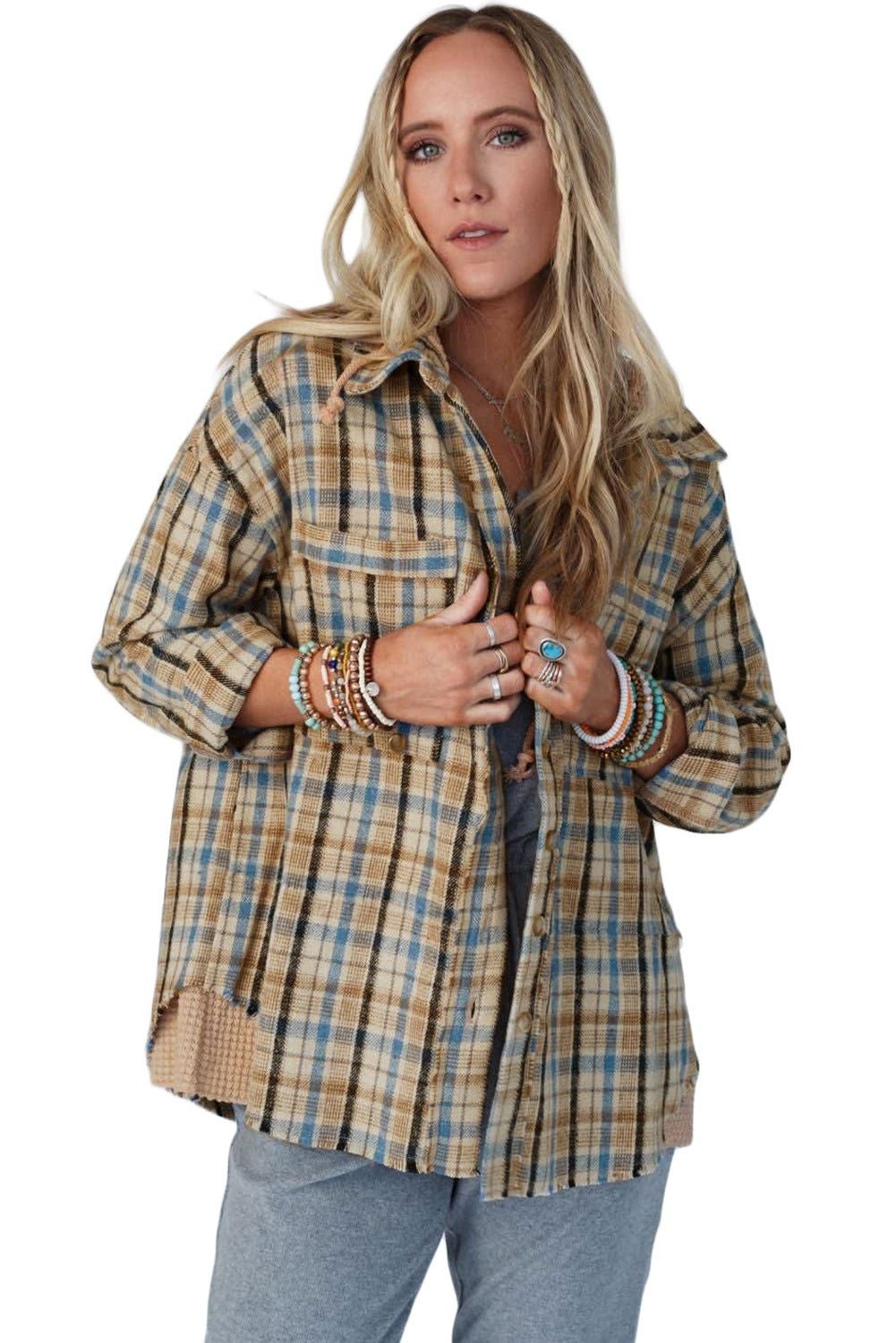 Ashleigh Blue Waffle Knit Patchwork Plaid Hooded Shacket - Vesteeto