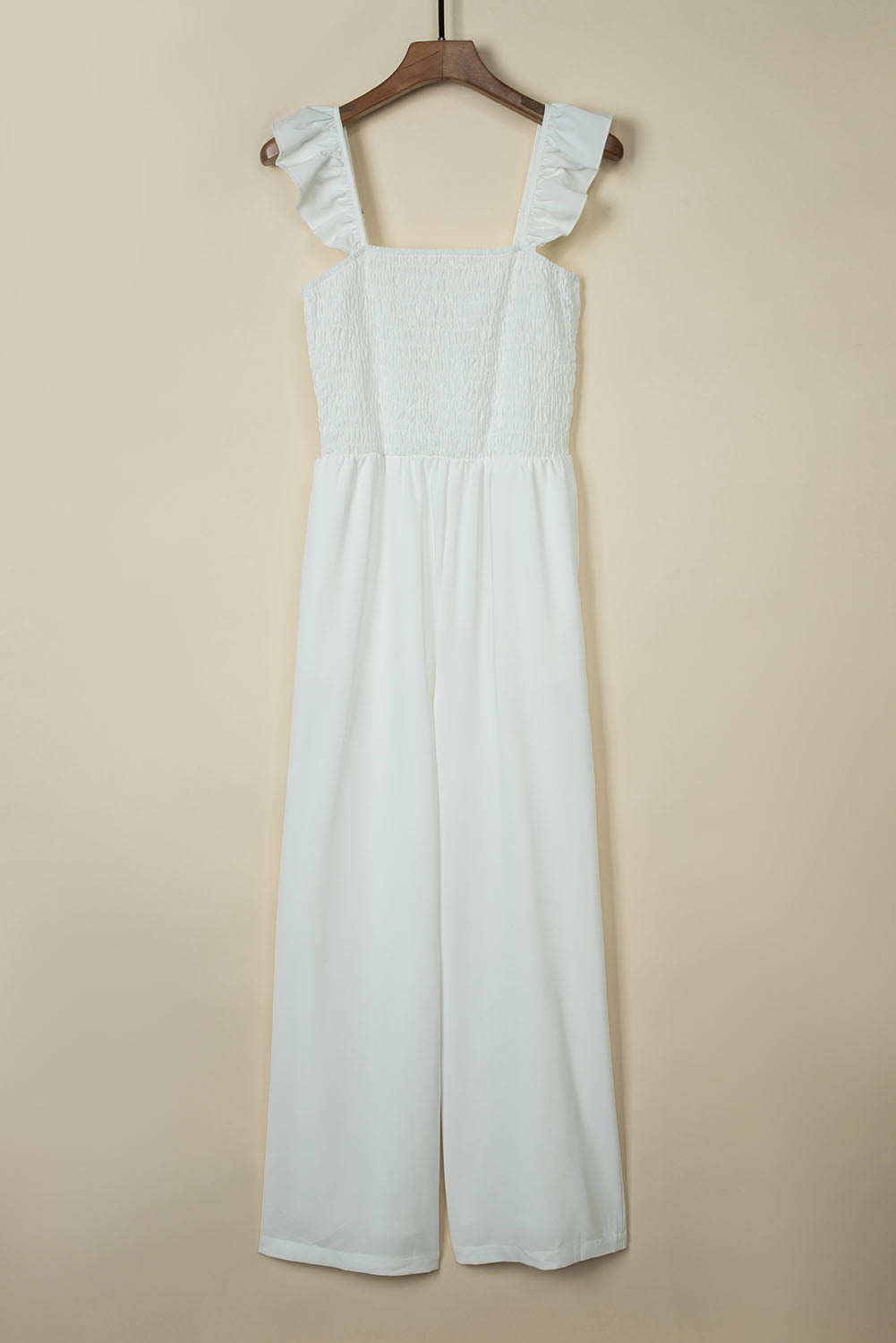 White Smocked Ruffle Strap Pocket Wide Leg Jumpsuit 