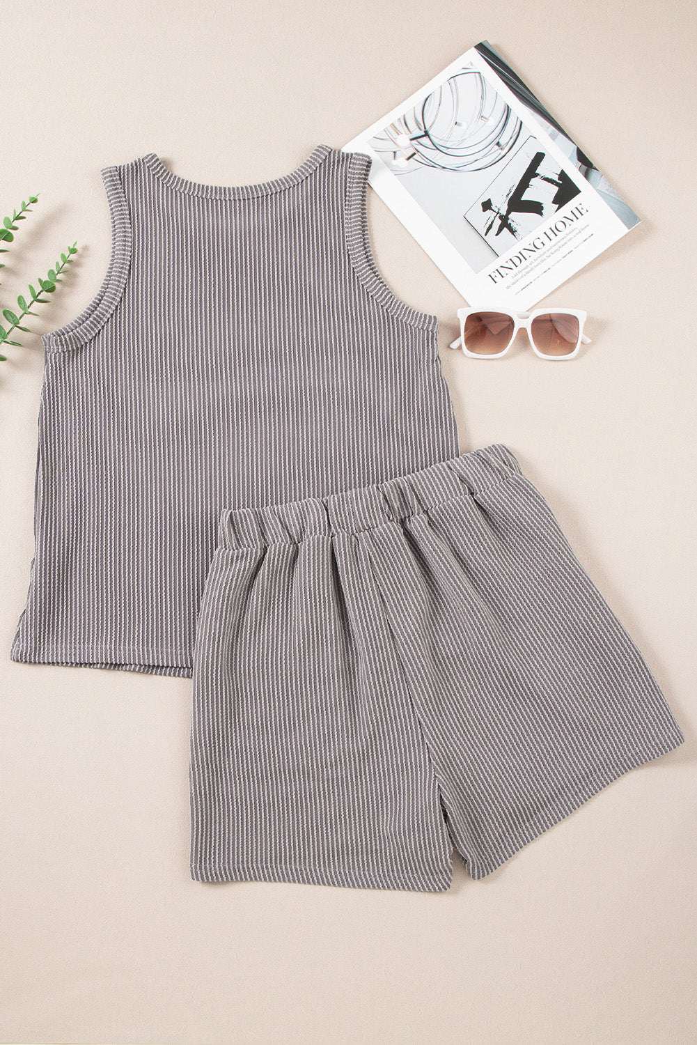 Smoke Gray Corded Tank Top and Pocketed Shorts Set 