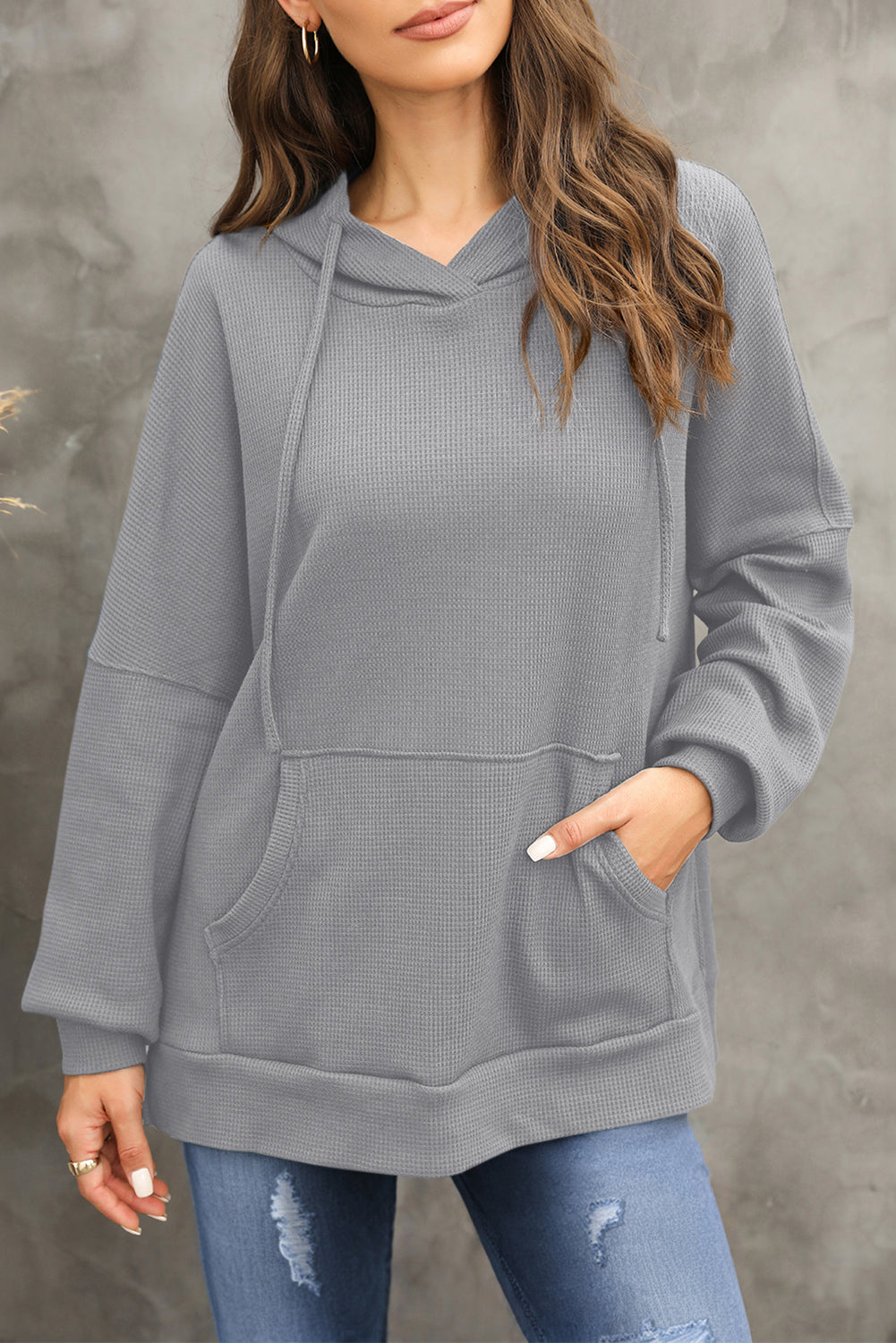 Coffee Waffle Knit High Low Oversized Hoodie 