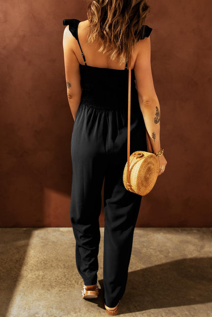 Black Smocked Ruffle Strap Pocket Wide Leg Jumpsuit 