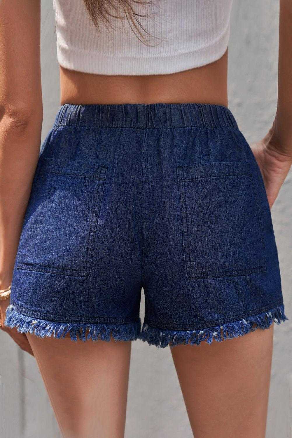 Light Blue Casual Frayed Pocketed Denim Shorts 