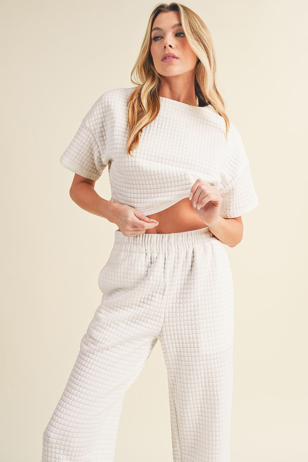 White Lattice Textured Cropped Tee and Jogger Pants Set
