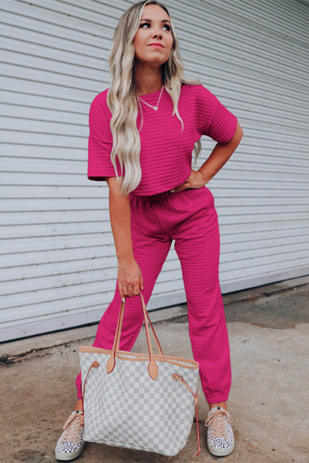 White Lattice Textured Cropped Tee and Jogger Pants Set