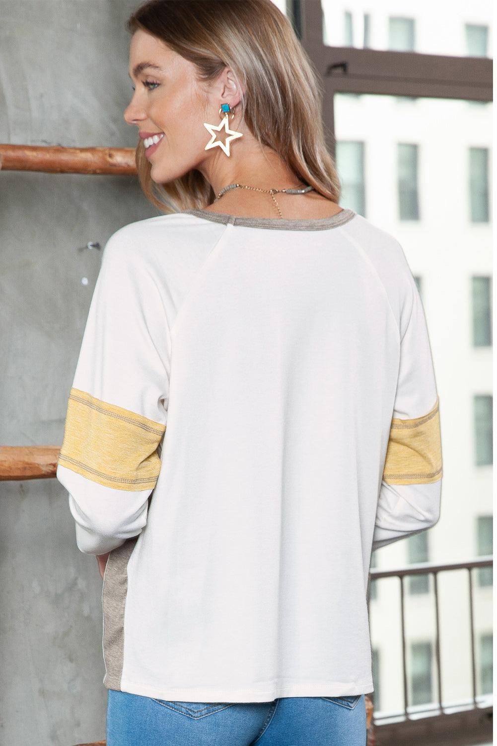 White Color Block Exposed Seam Pullover Long Sleeve T Shirt - Vesteeto