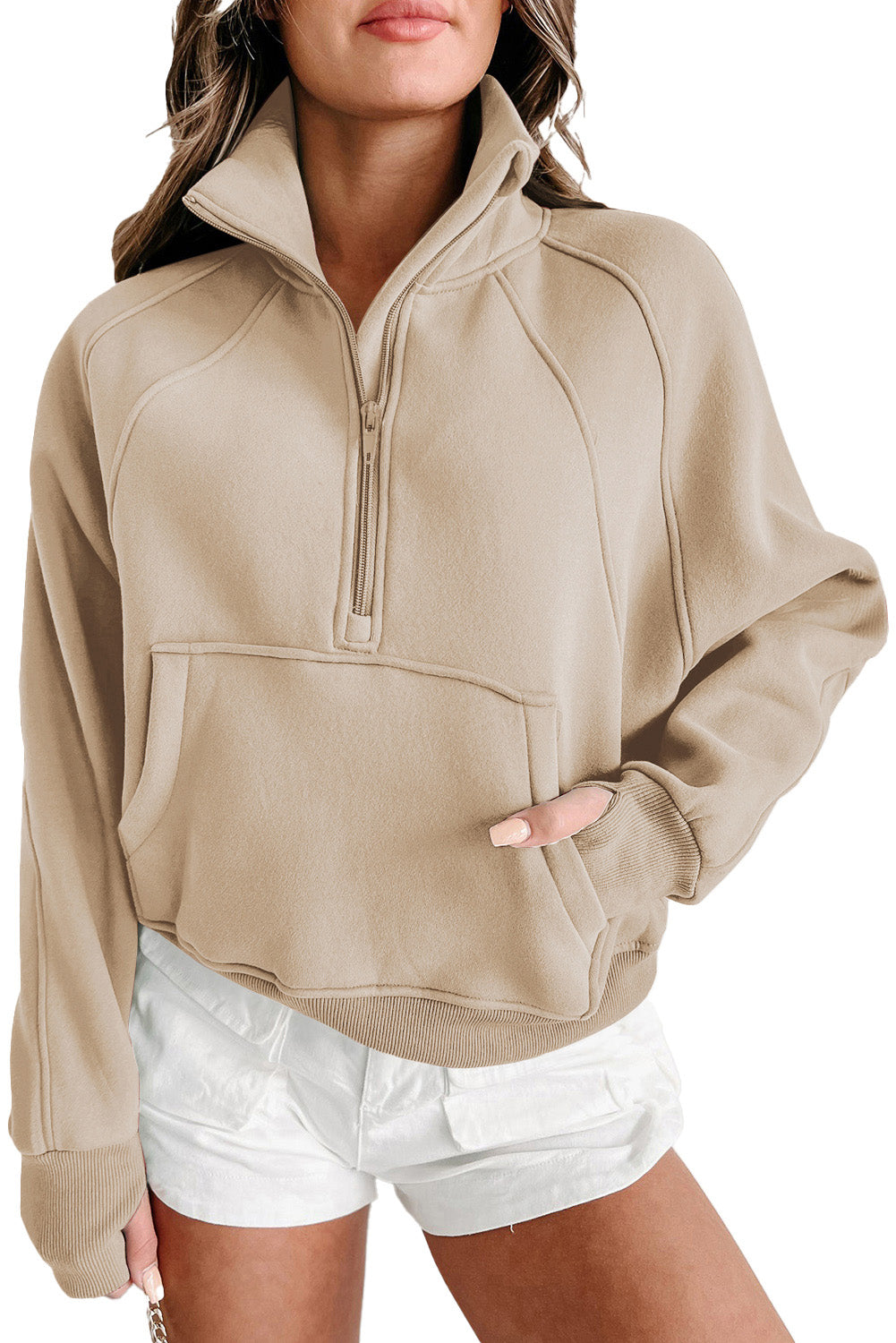 Smoke Green Zip Up Stand Collar Ribbed Thumbhole Sleeve Sweatshirt 