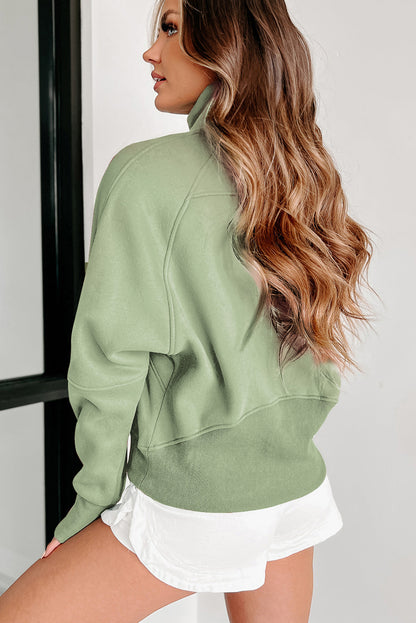 Smoke Green Zip Up Stand Collar Ribbed Thumbhole Sleeve Sweatshirt 