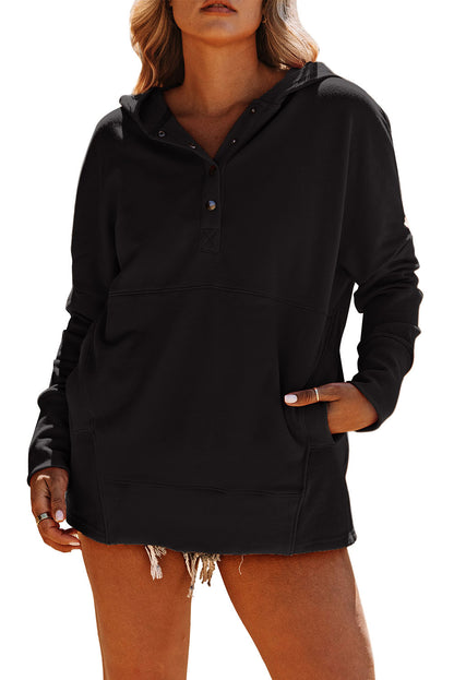 Black Casual Pocketed Batwing Sleeve Henley Hoodie 