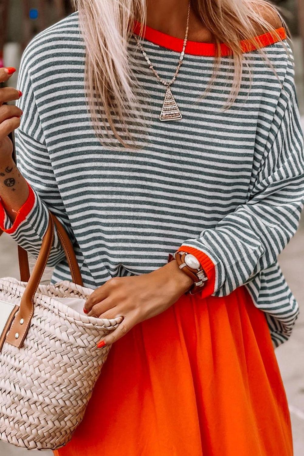 Striped Colorblock Trim Knit Pullover Sweater 