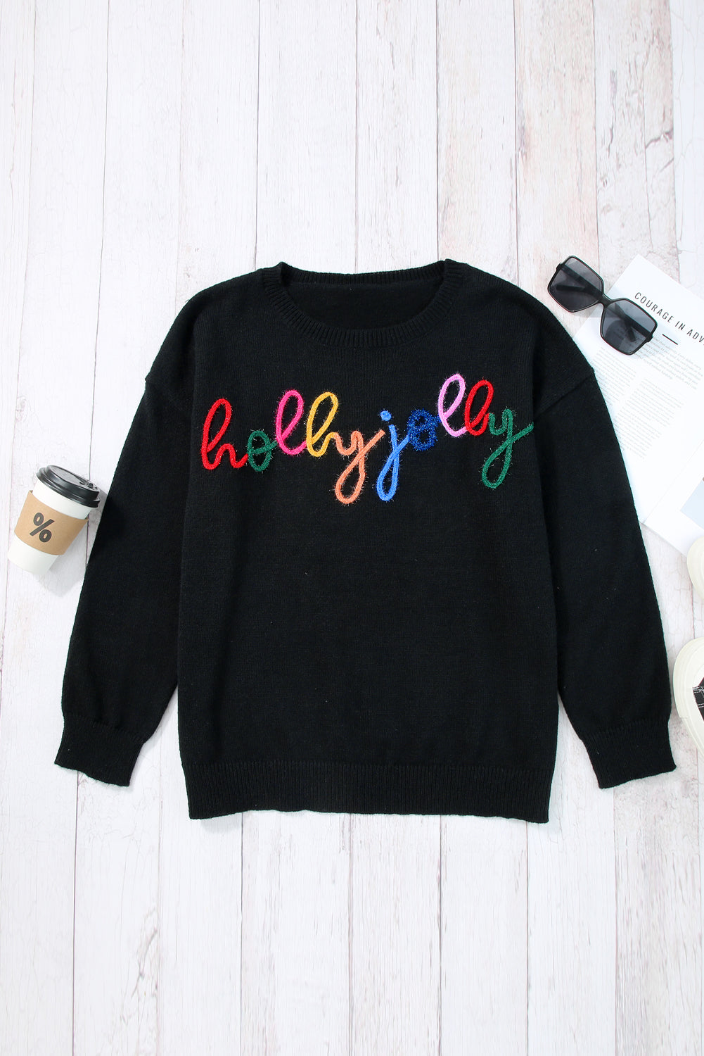 White Glitter Merry & Bright Round Neck Knit Sweater 