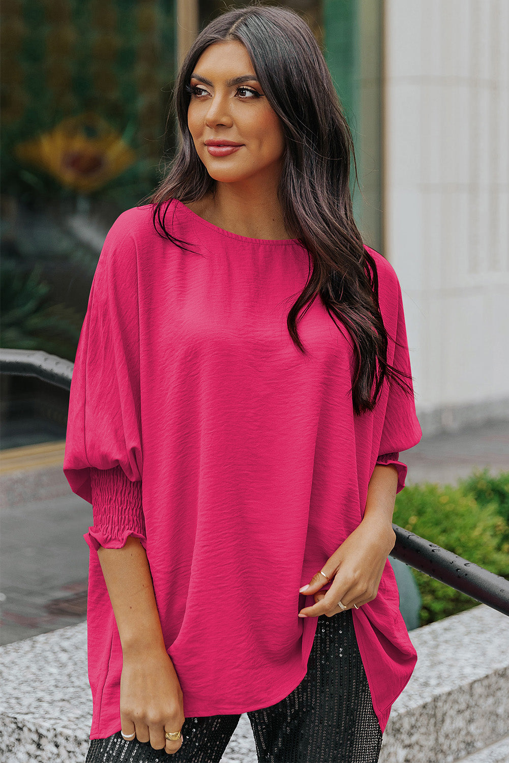 Pink Casual Shirred Cuffs Half Sleeve Blouse 