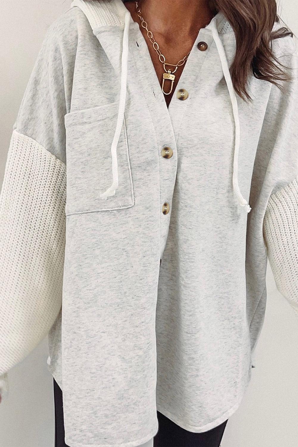 Gray Button Up Contrast Knitted Sleeves Hooded Jacket - Vesteeto
