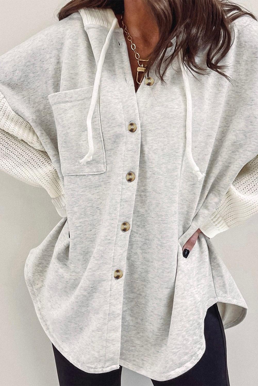 Gray Button Up Contrast Knitted Sleeves Hooded Jacket - Vesteeto