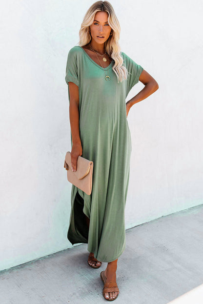 Grass Green Solid Color Hidden Pocket V Neck Slit Maxi Dress 