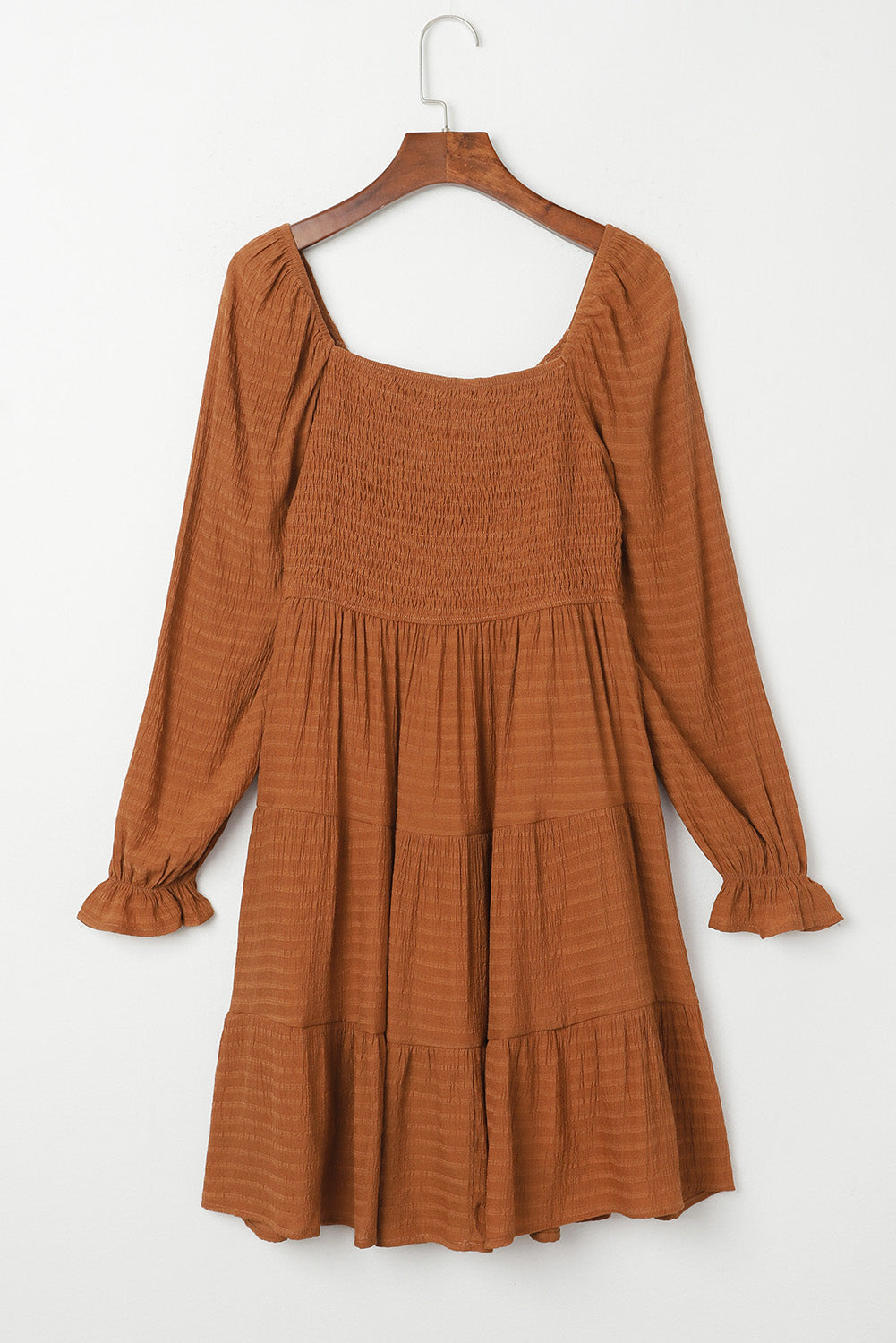 Brown Long Sleeve Smocked Tiered Boho Dress 