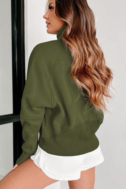 Smoke Green Zip Up Stand Collar Ribbed Thumbhole Sleeve Sweatshirt 