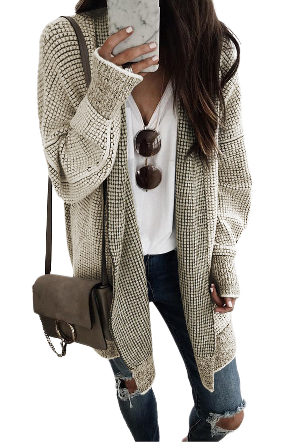 Pink Plaid Contrast Trim Casual Knit Long Cardigan 