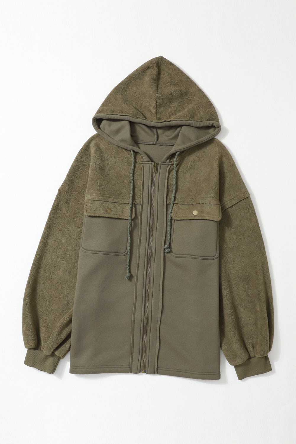 Green Flap Pockets Bishop Sleeve Zip Up Hoodie Jacket 