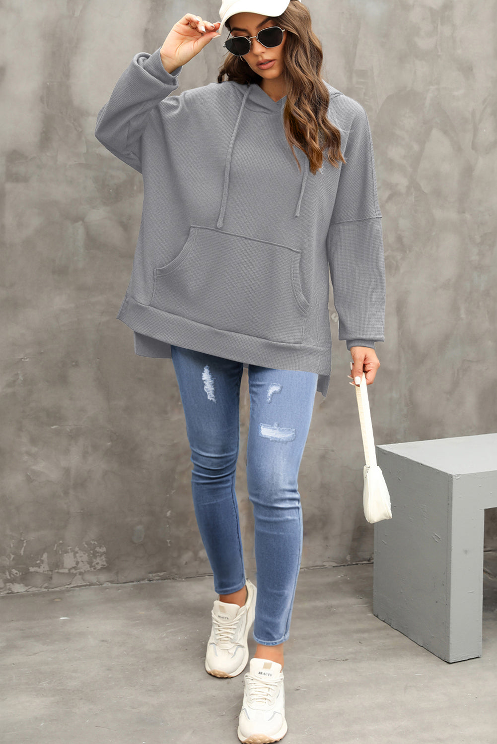 Coffee Waffle Knit High Low Oversized Hoodie 