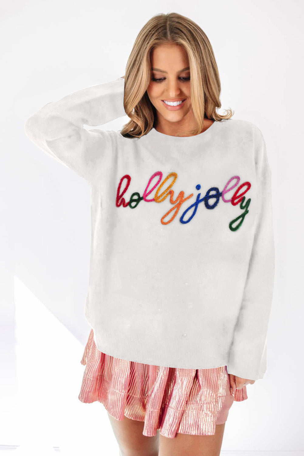 White Glitter Merry & Bright Round Neck Knit Sweater 