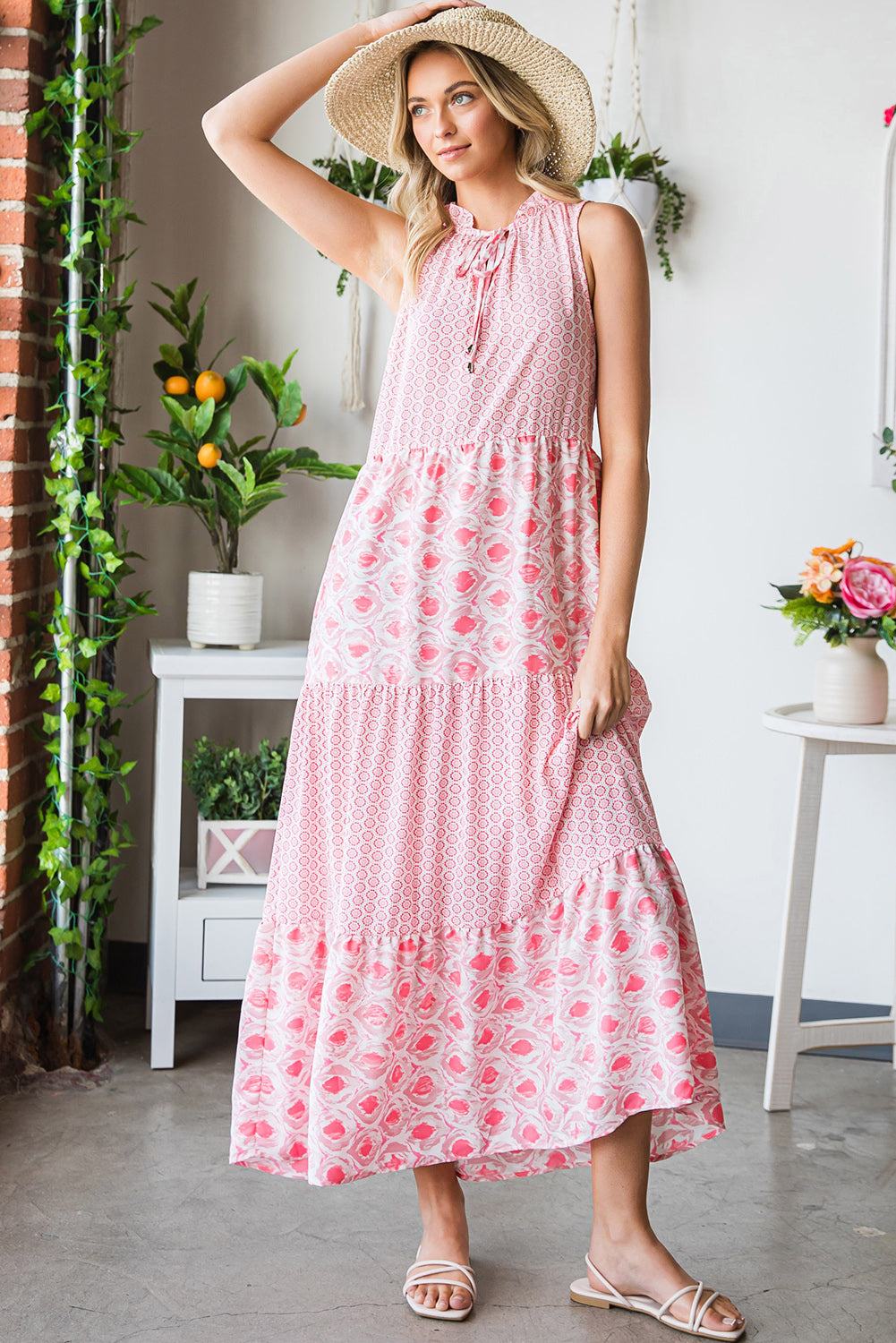 Pink Abstract Sleeveless V Neck Summer Tiered Dress 