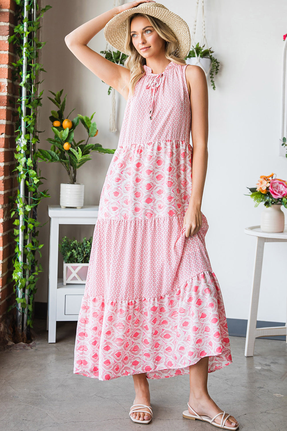 Pink Abstract Print Patchwork Sleeveless V Neck Tiered Dress 