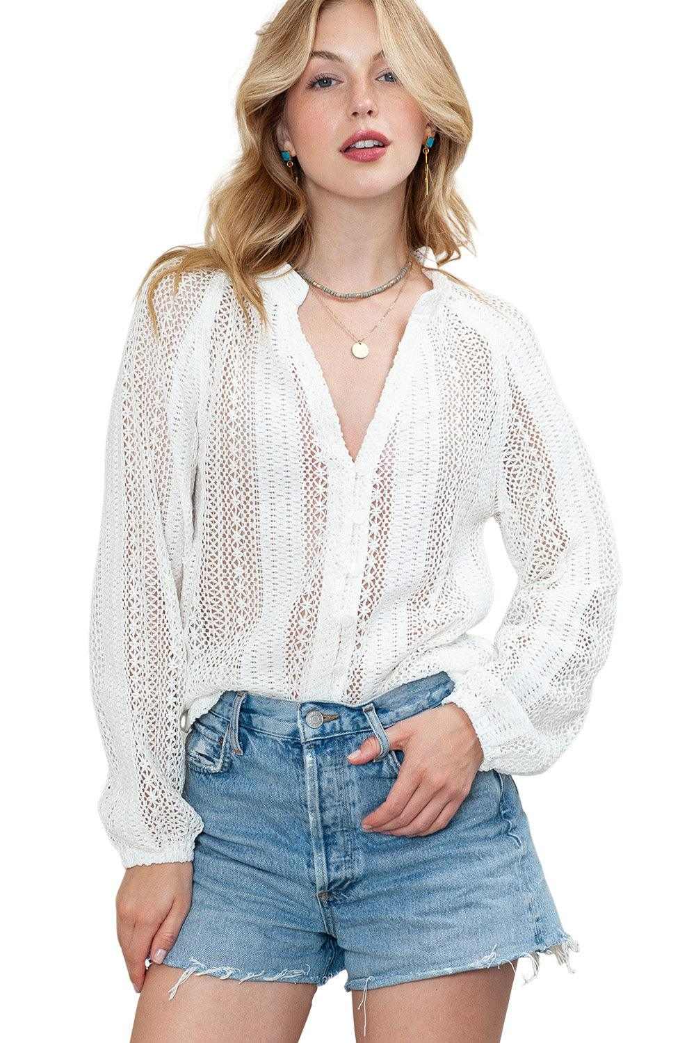 White Notch Neck Button Down Raglan Sleeve Crochet Top 