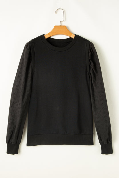 Black Eyelet Embroidered Patchwork Sleeve Ribbed Sweatshirt 