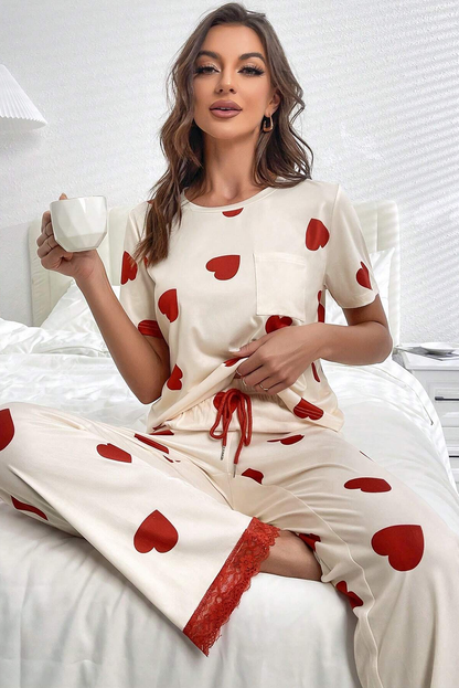 White Heart Print Tee and Lace Hem Pants Pajama Set
