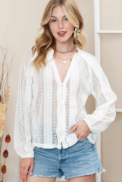 White Notch Neck Button Down Raglan Sleeve Crochet Top 