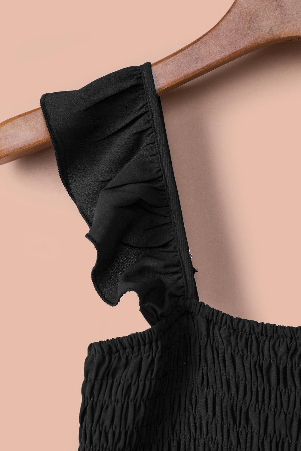 Black Smocked Ruffle Strap Pocket Wide Leg Jumpsuit - Vesteeto