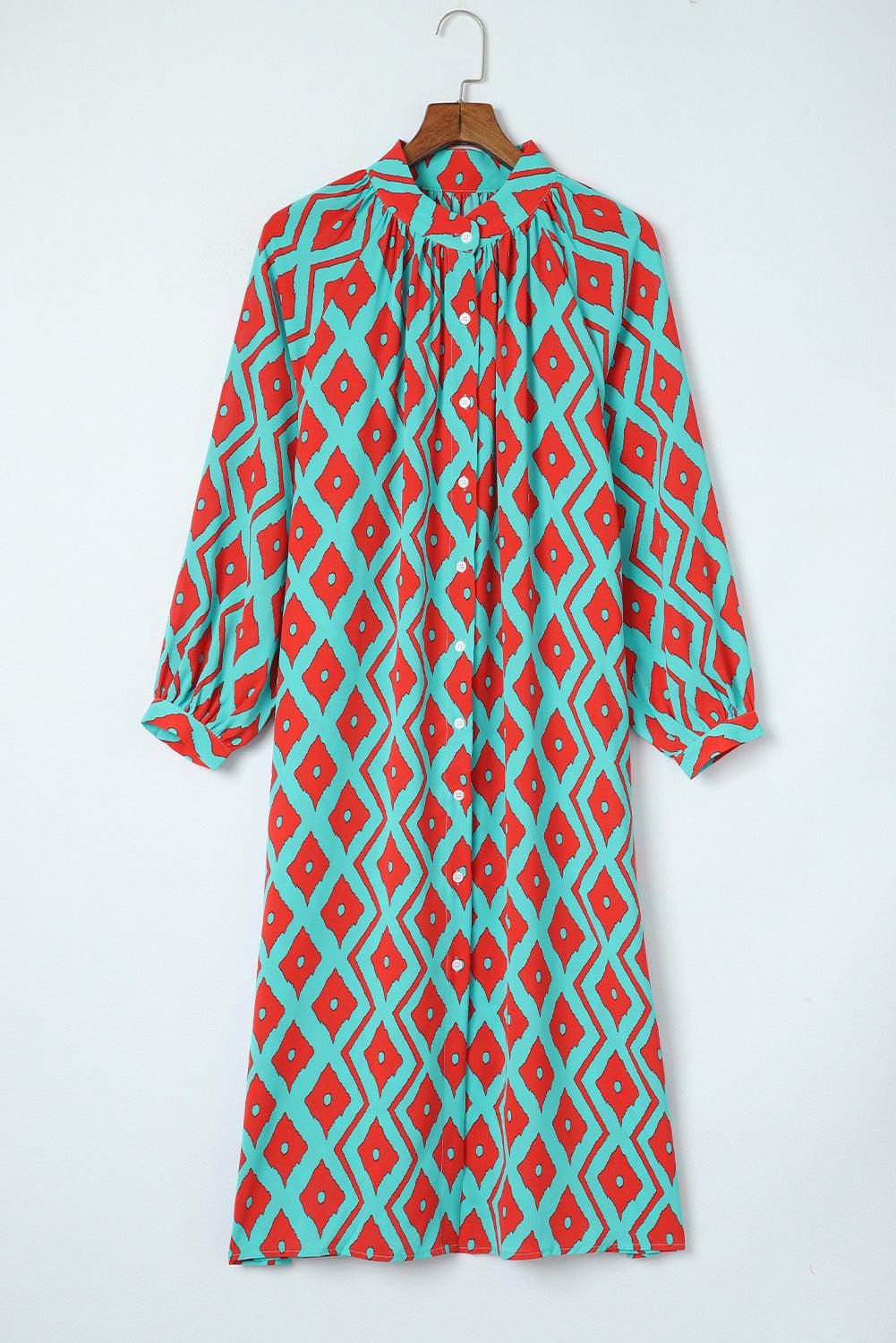 Sky Blue Geometric Print Split Neck Loose Shirt Dress - Vesteeto