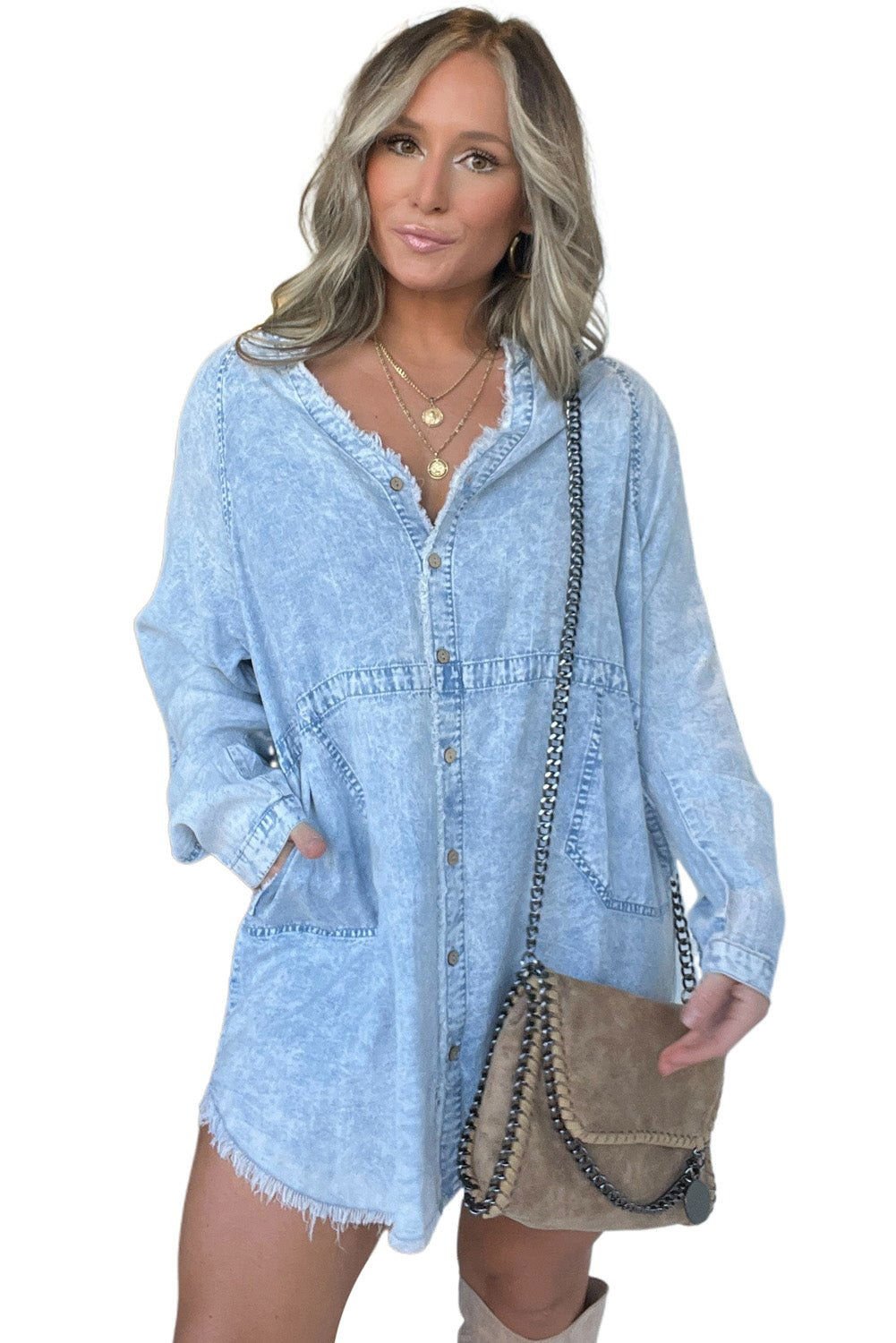 Beau Blue Acid Washed Distressed Edge Denim Mini Dress - Vesteeto