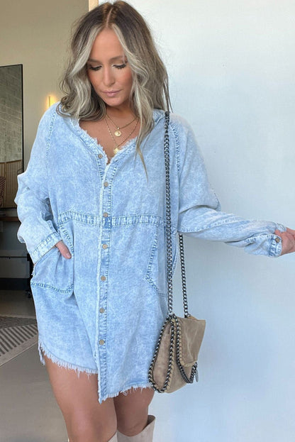 Beau Blue Acid Washed Distressed Edge Denim Mini Dress - Vesteeto