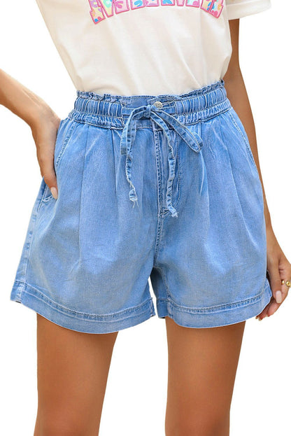 Beau Blue Casual Chambray Drawstring Denim Shorts - Vesteeto