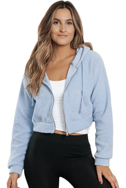 Beau Blue Cropped Sherpa Zip Up Hoodie - Vesteeto