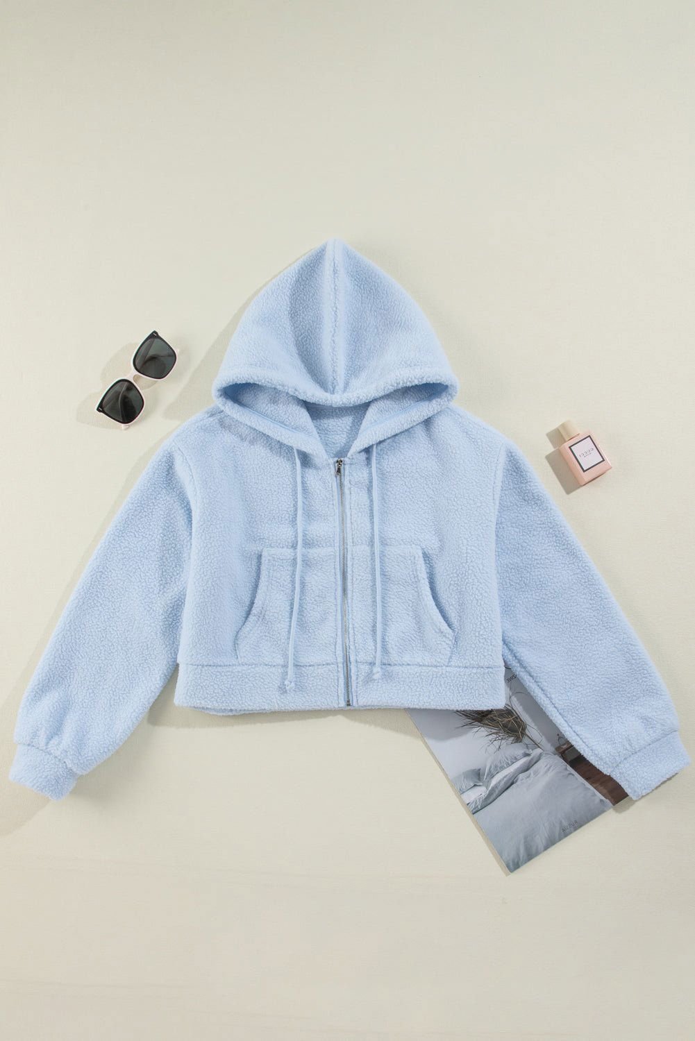 Beau Blue Cropped Sherpa Zip Up Hoodie - Vesteeto