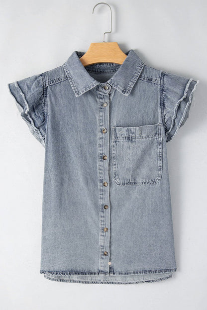 Beau Blue Frayed Layered Ruffle Sleeve Denim Blouse - Vesteeto