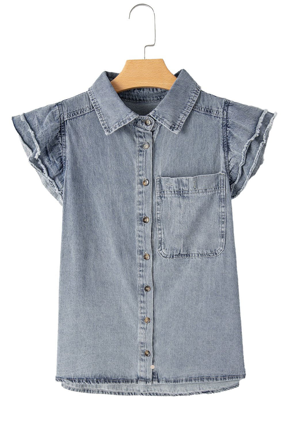 Beau Blue Frayed Layered Ruffle Sleeve Denim Blouse - Vesteeto