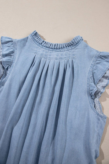 Beau Blue Frilly Pleated Button Back Retro Denim Sleeveless Shirts - Vesteeto