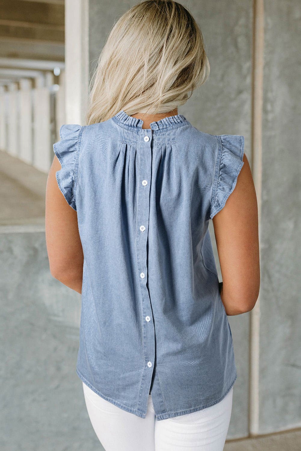 Beau Blue Frilly Pleated Button Back Retro Denim Sleeveless Shirts - Vesteeto