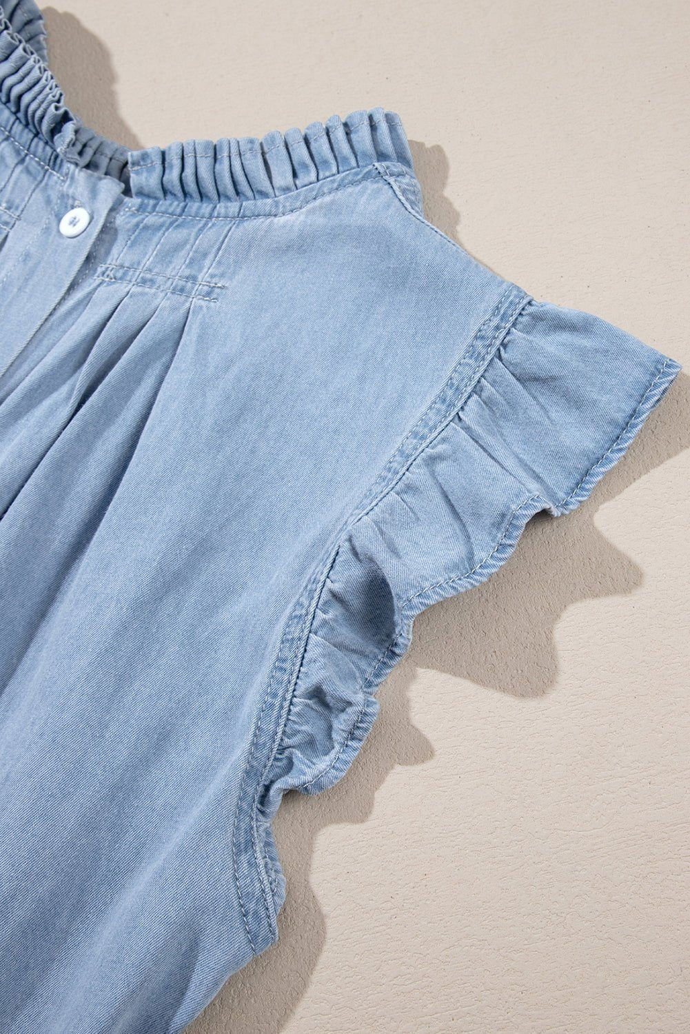 Beau Blue Frilly Pleated Button Back Retro Denim Sleeveless Shirts - Vesteeto