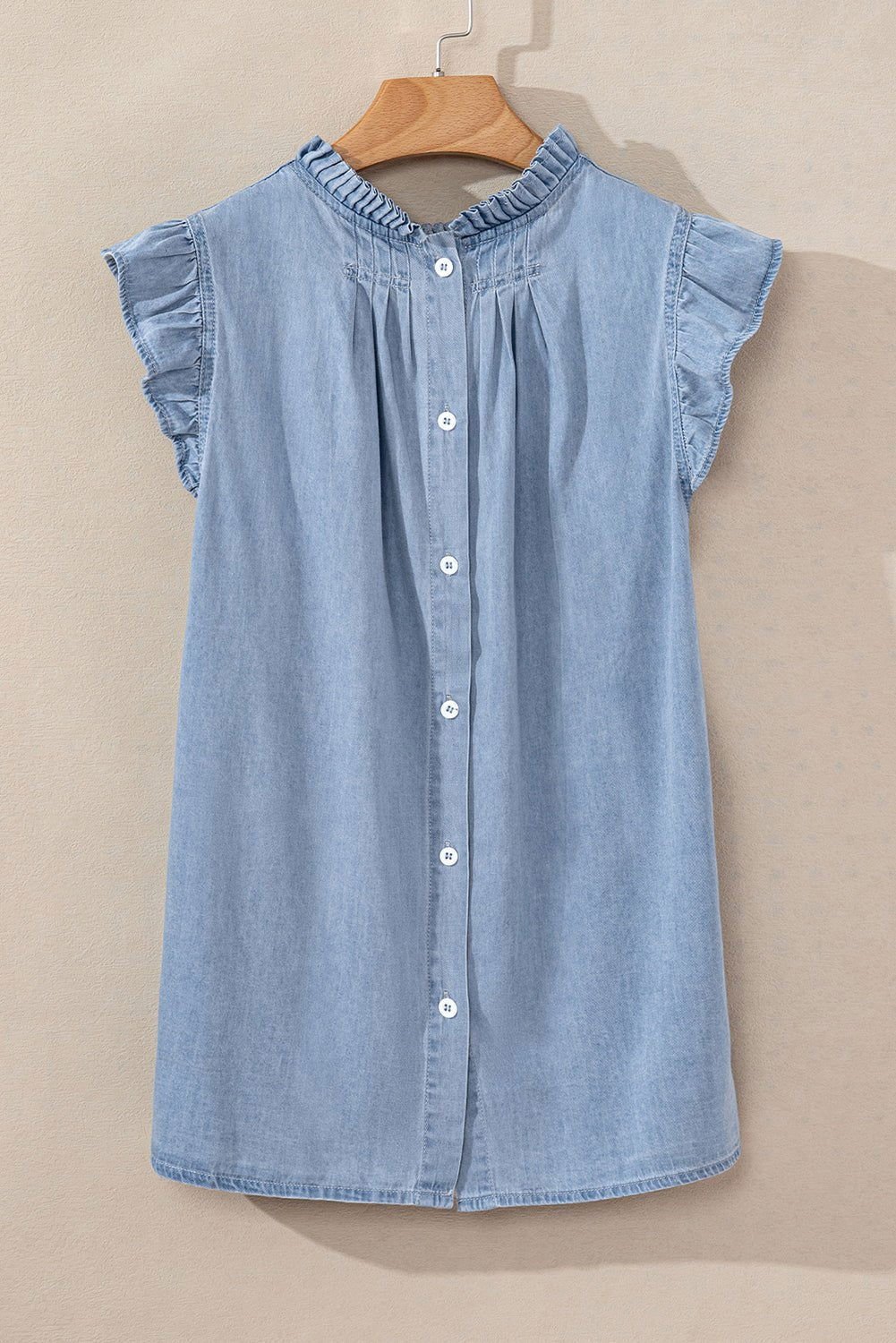 Beau Blue Frilly Pleated Button Back Retro Denim Sleeveless Shirts - Vesteeto